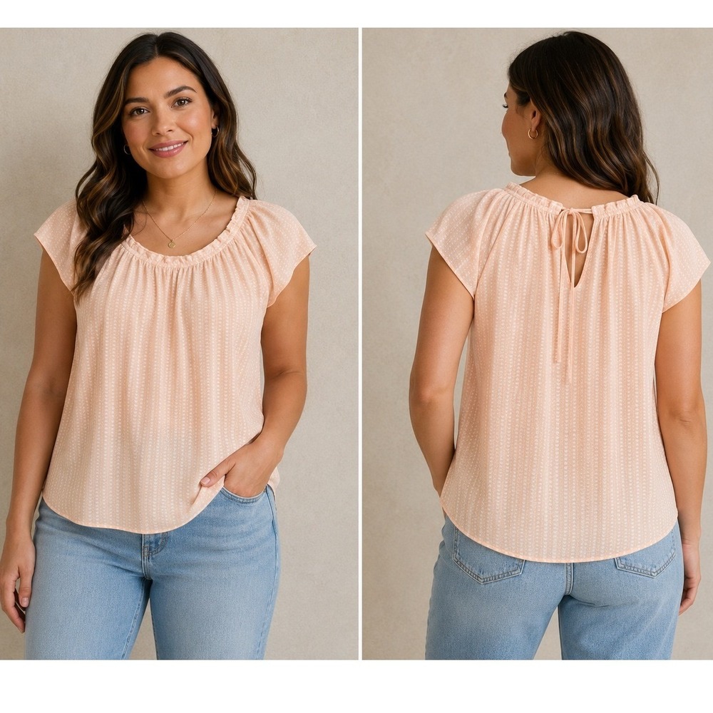 LC Lauren Conrad Blouse Women Large Peach Excellent Heart Print Keyhole Tie Back